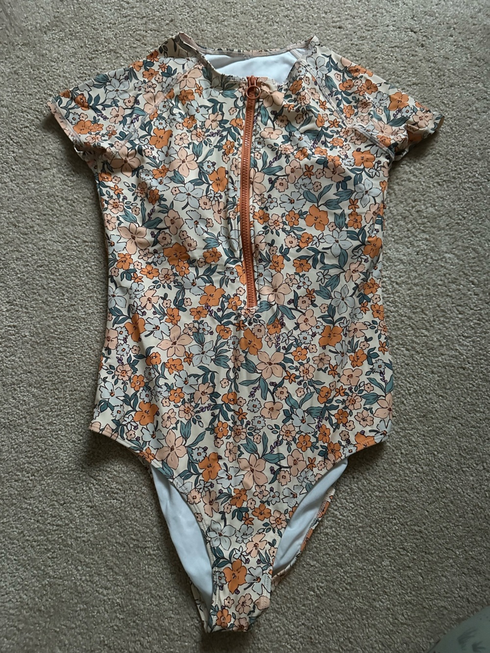 Cupshe Floral Zip-Front Womens' One-Piece Swimsuit - Peach & Cream